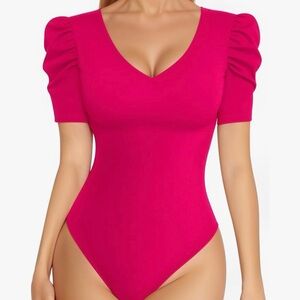 NWT MANGOPOP Pink Bodysuit Medium Deep V Neck Puff Sleeve